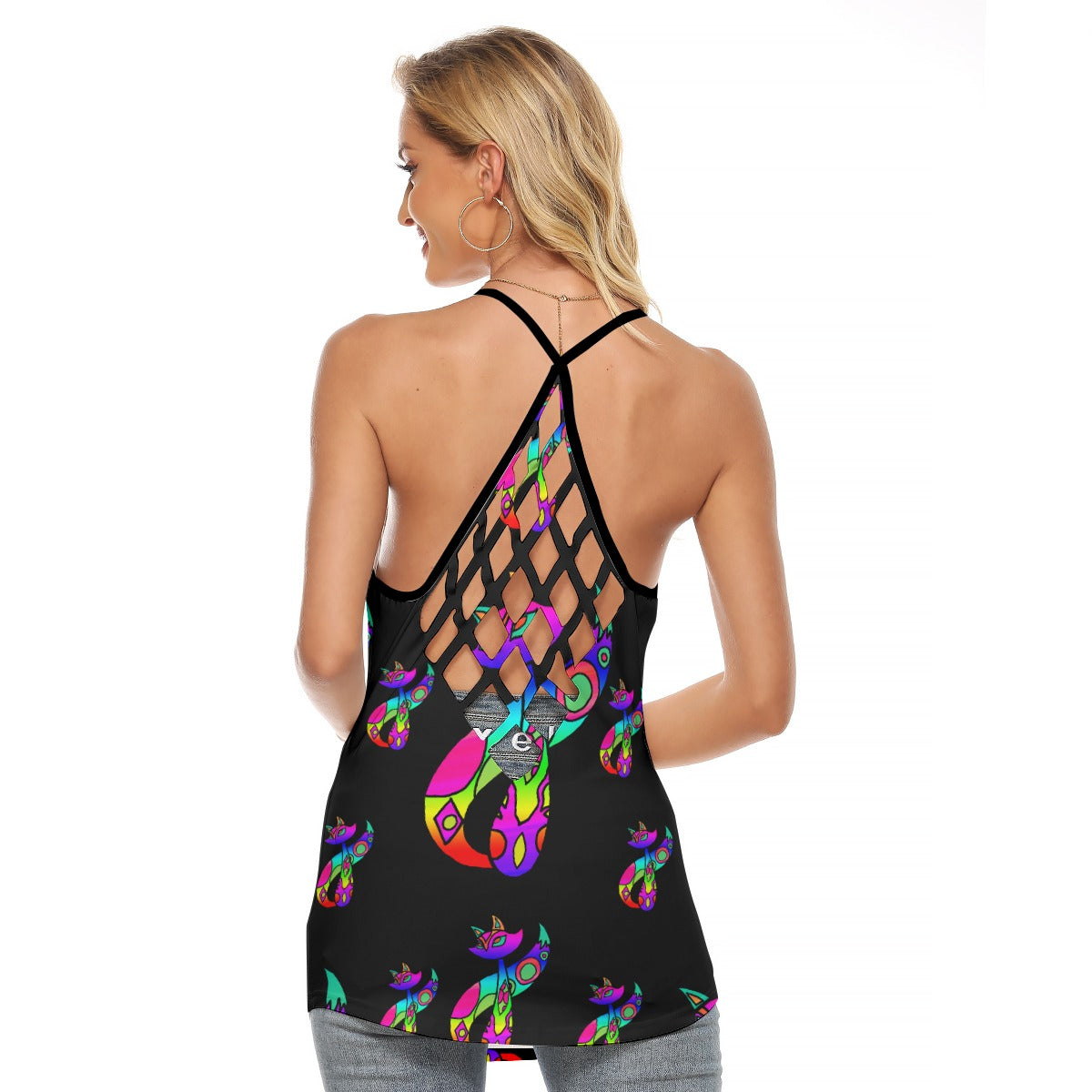 Rainbow Cat All-Over Print Women's Criss-Cross Open Back Tank Top