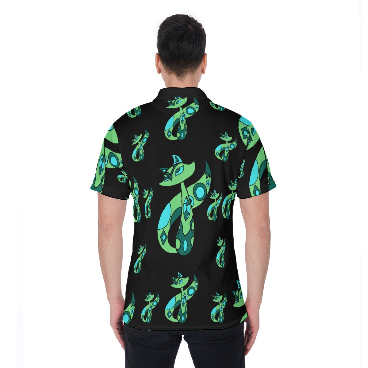 Green Cat All-Over Print Men's Polo Shirt