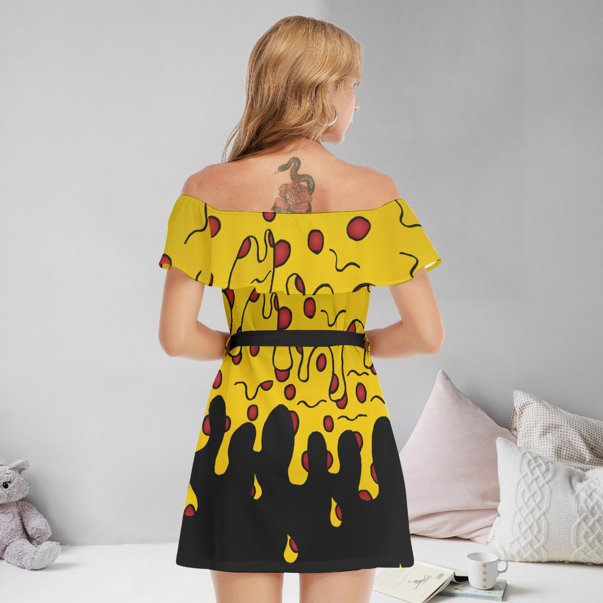 Cheesy Pizza Drip All-Over Print Women's Off-shoulder Dress With Ruffle