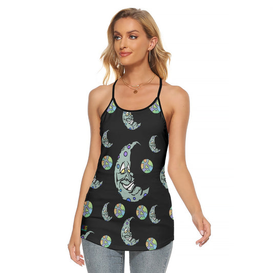 Green Moon All-Over Print Women's Criss-Cross Open Back Tank Top