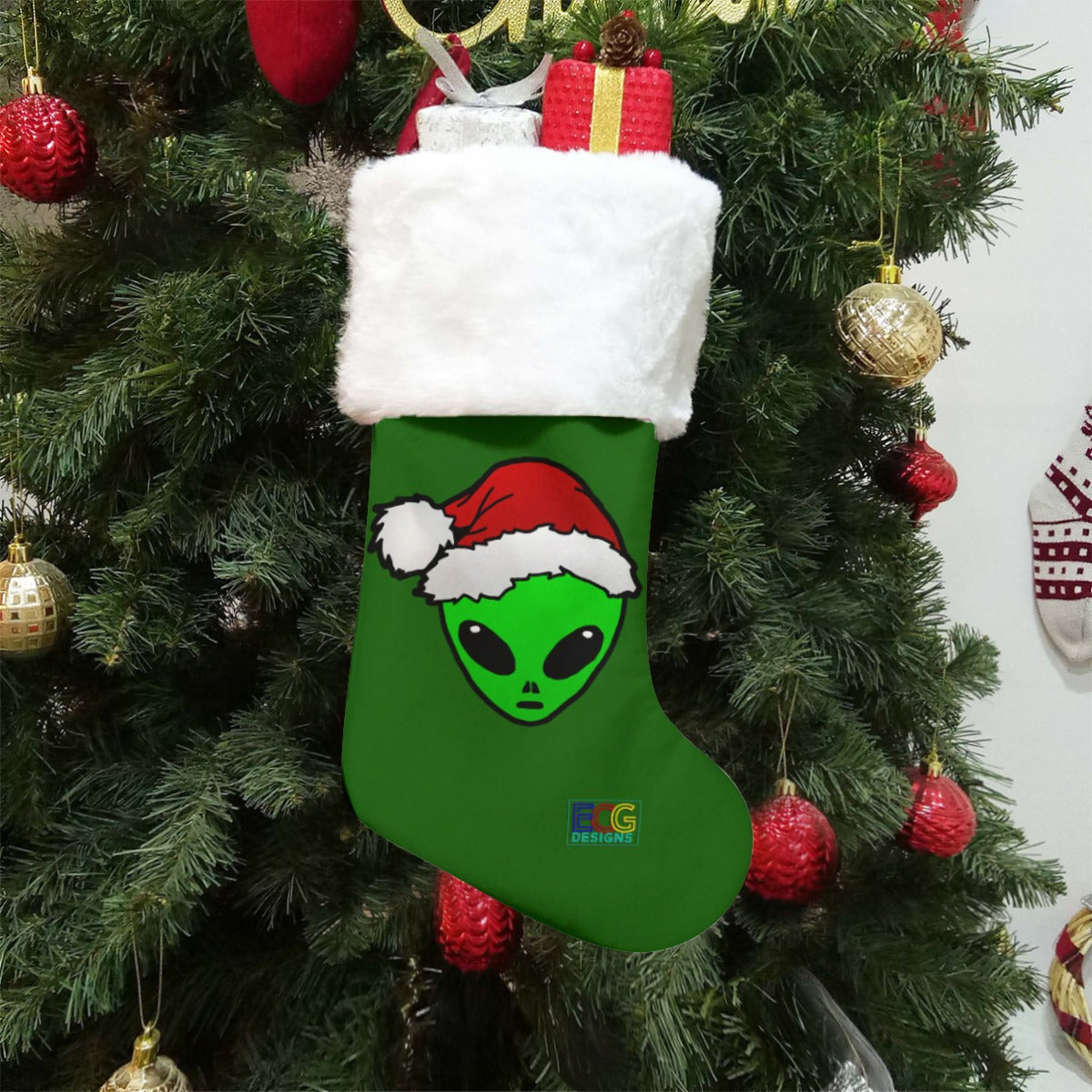 Santa Alien Christmas Stocking (Green)