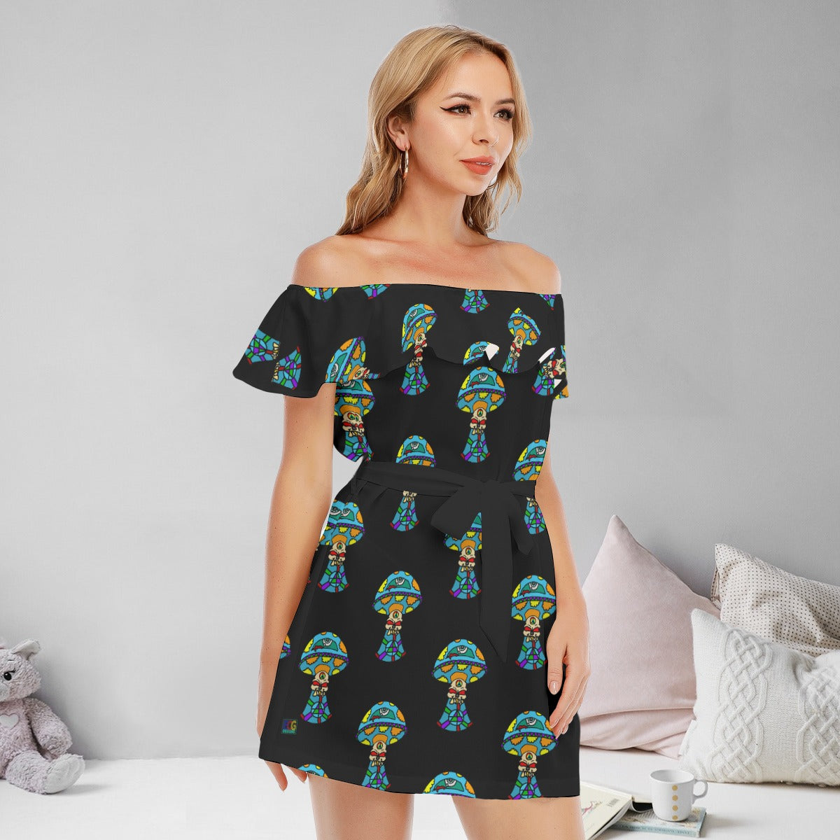 Multicolored Skull Shroom All-Over Print Women's Off-shoulder Dress With Ruffle