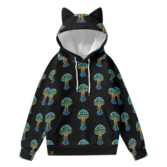 Multicolored Skull Shroom All-Over Print Women’s Hoodie With Decorative Ears