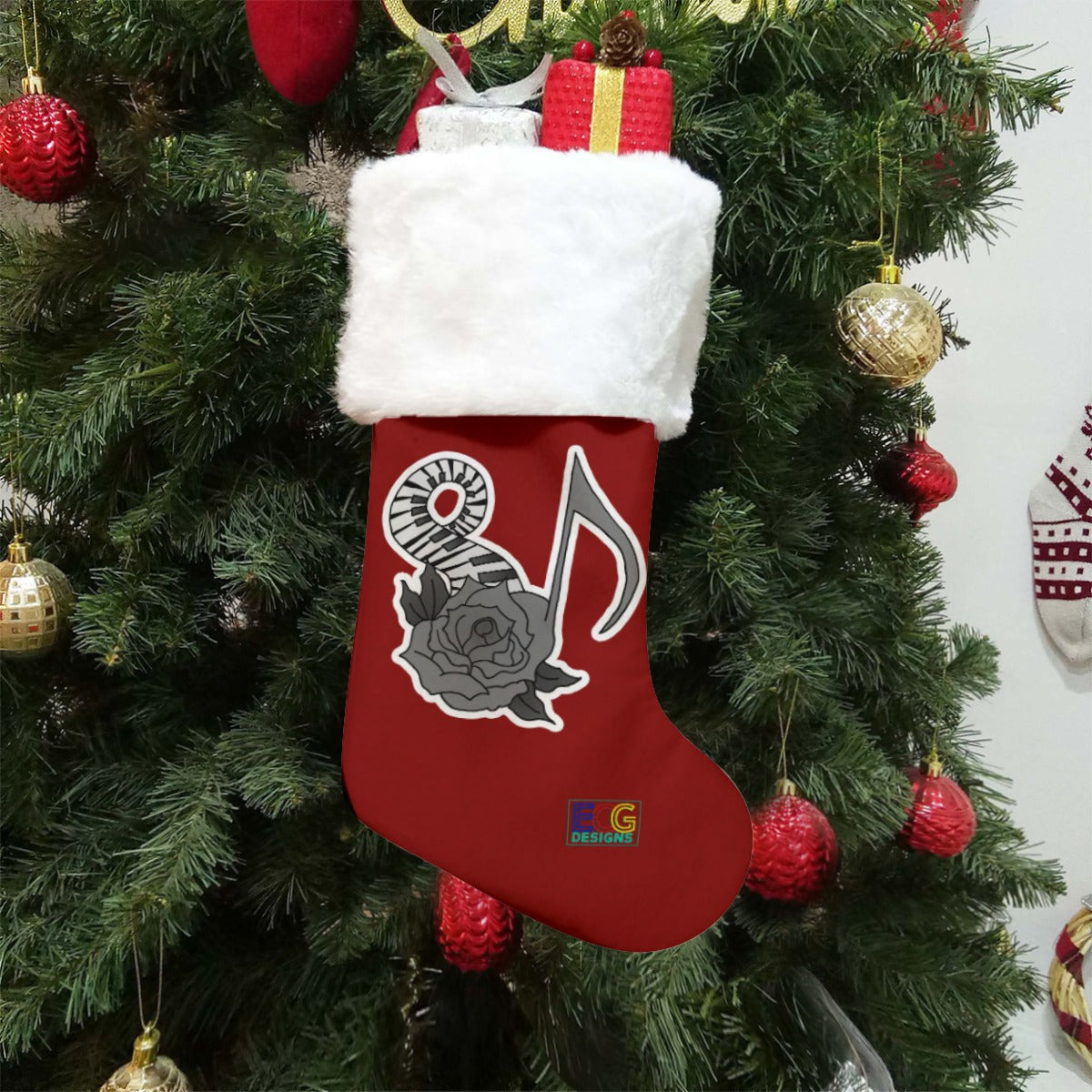 Musical Rose Christmas Stocking (Red)