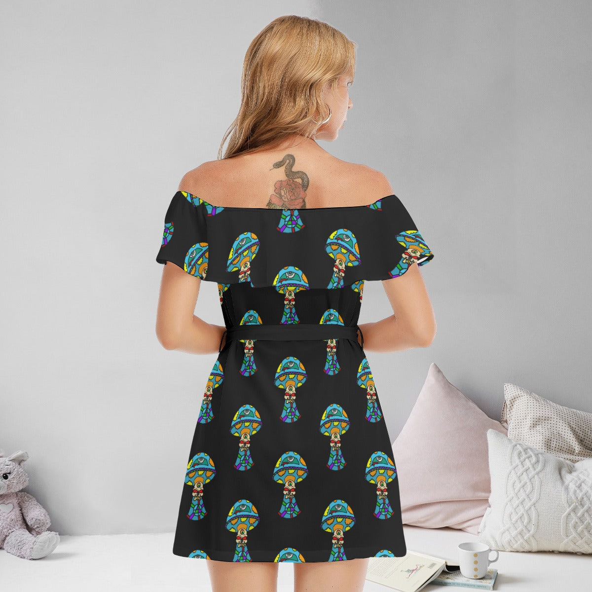 Multicolored Skull Shroom All-Over Print Women's Off-shoulder Dress With Ruffle