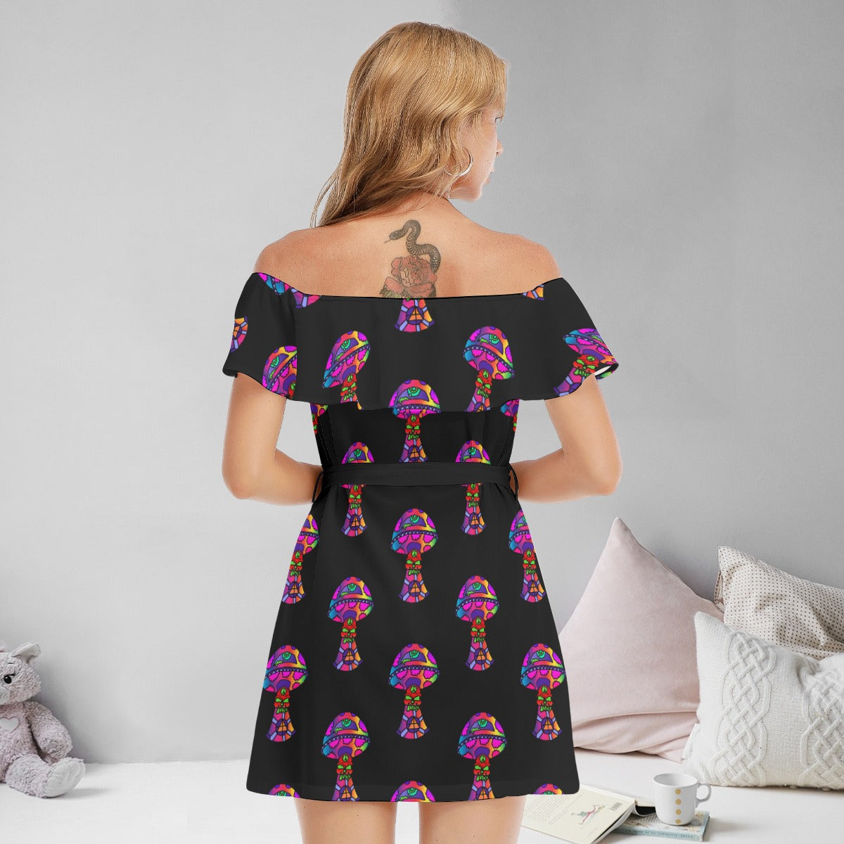 Rainbow Skull Shroom All-Over Print Women's Off-shoulder Dress With Ruffle