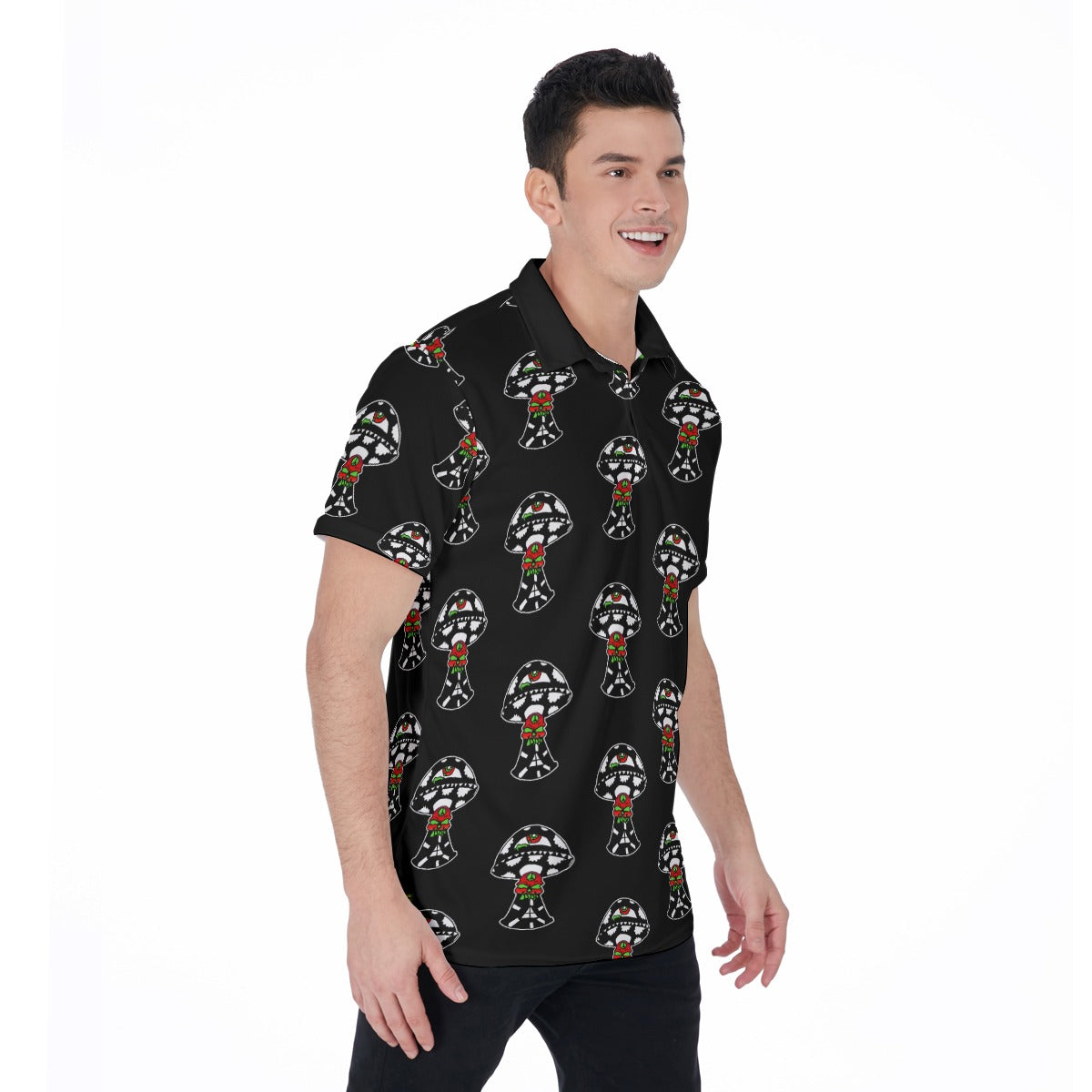 Black and White Skull Shroom All-Over Print Men's Polo Shirt