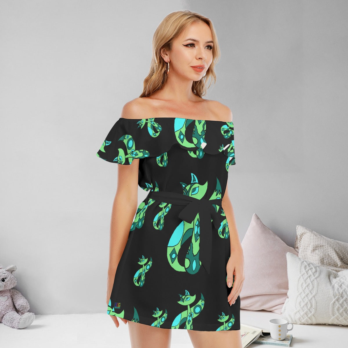 Green Cat All-Over Print Women's Off-shoulder Dress With Ruffle