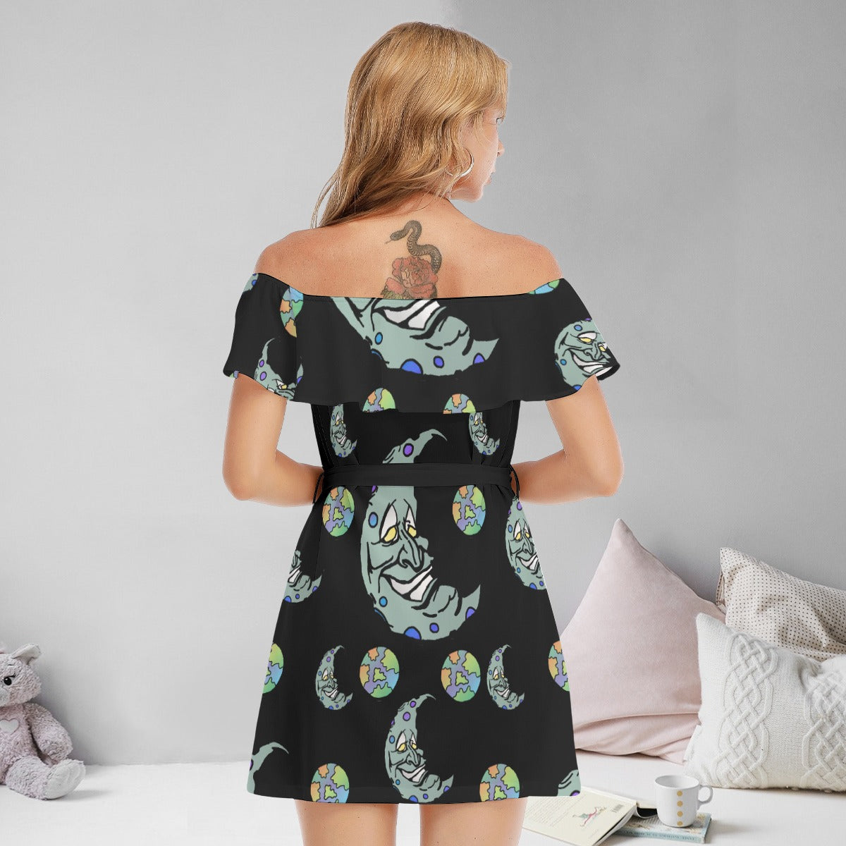 Green Moon All-Over Print Women's Off-shoulder Dress With Ruffle