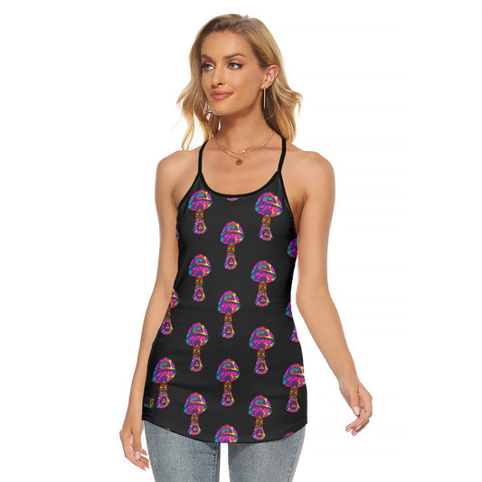 Rainbow Skull Shroom All-Over Print Women's Criss-Cross Open Back Tank Top