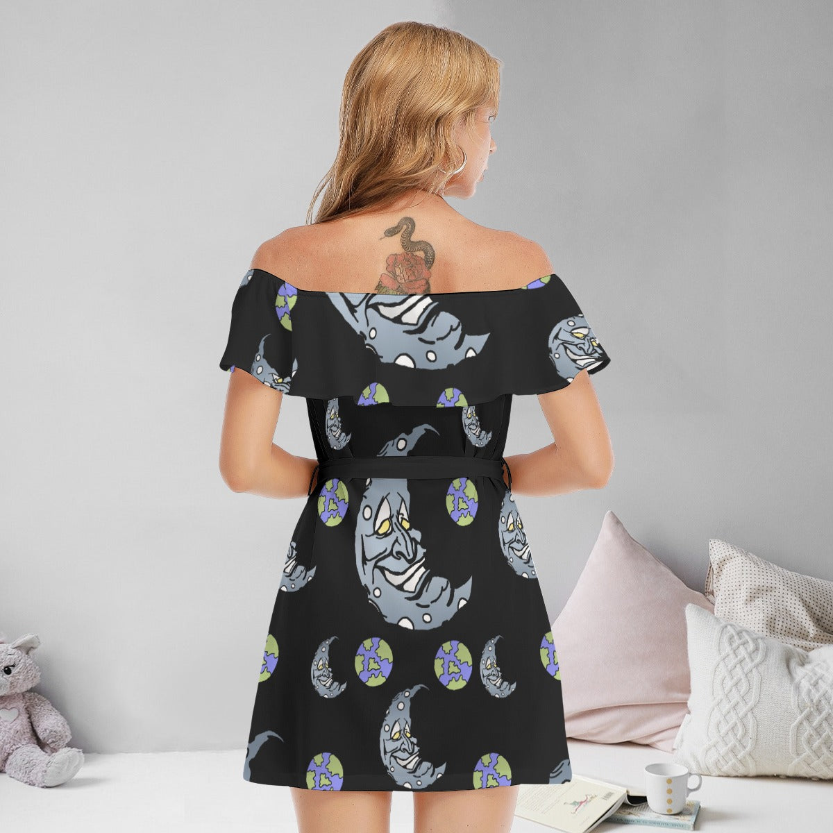 Silver Moon All-Over Print Women's Off-shoulder Dress With Ruffle