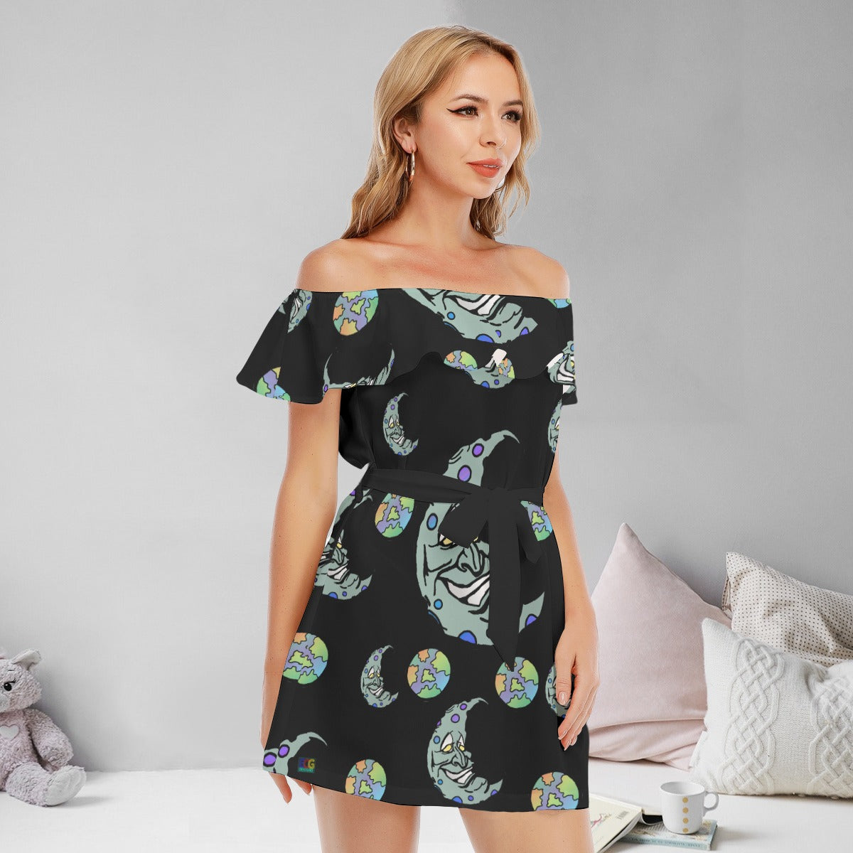 Green Moon All-Over Print Women's Off-shoulder Dress With Ruffle