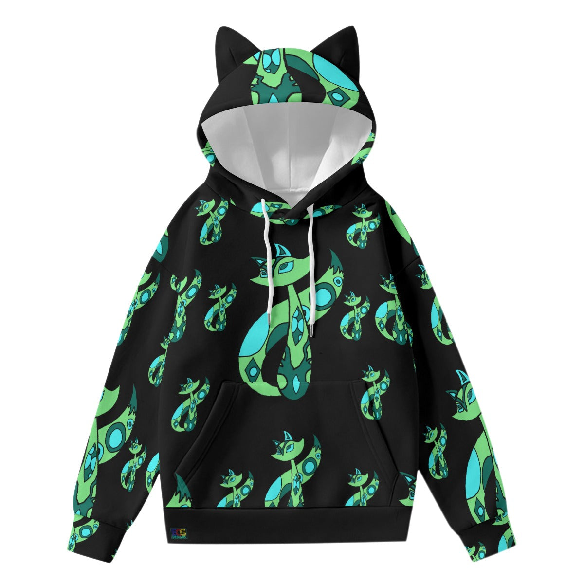 Green Cat All-Over Print Women’s Hoodie With Decorative Ears