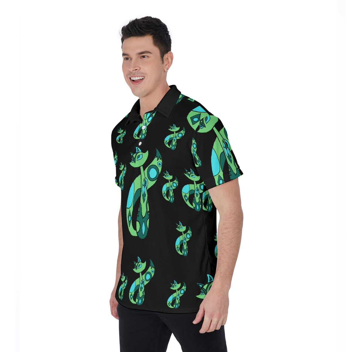 Green Cat All-Over Print Men's Polo Shirt