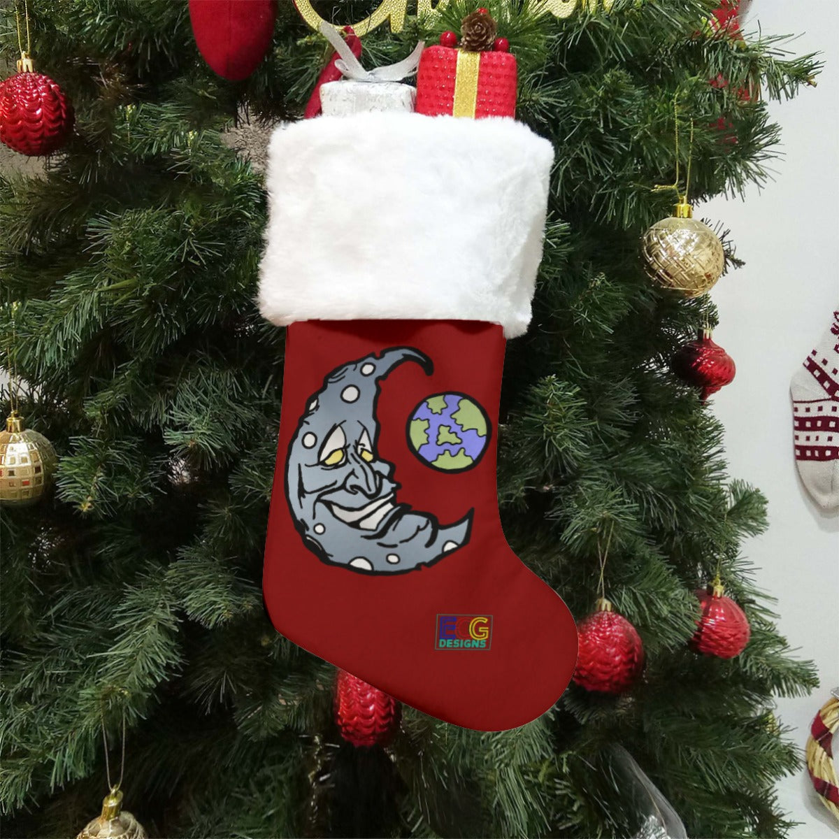 Moon Christmas Stocking (Red)