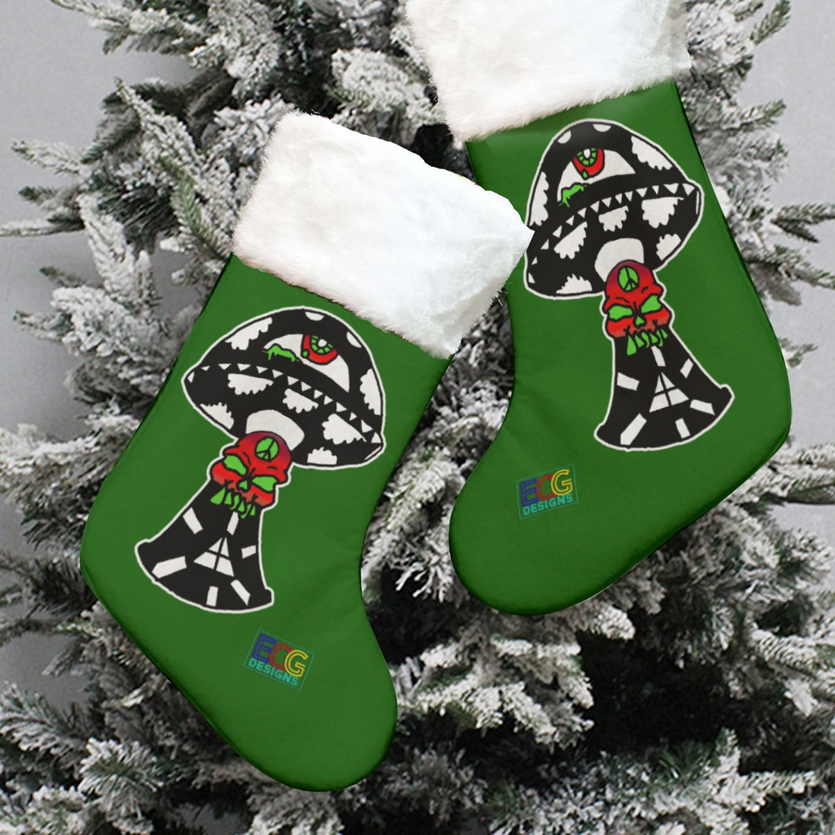 B&W Skull Shroom Christmas Stocking (Green)