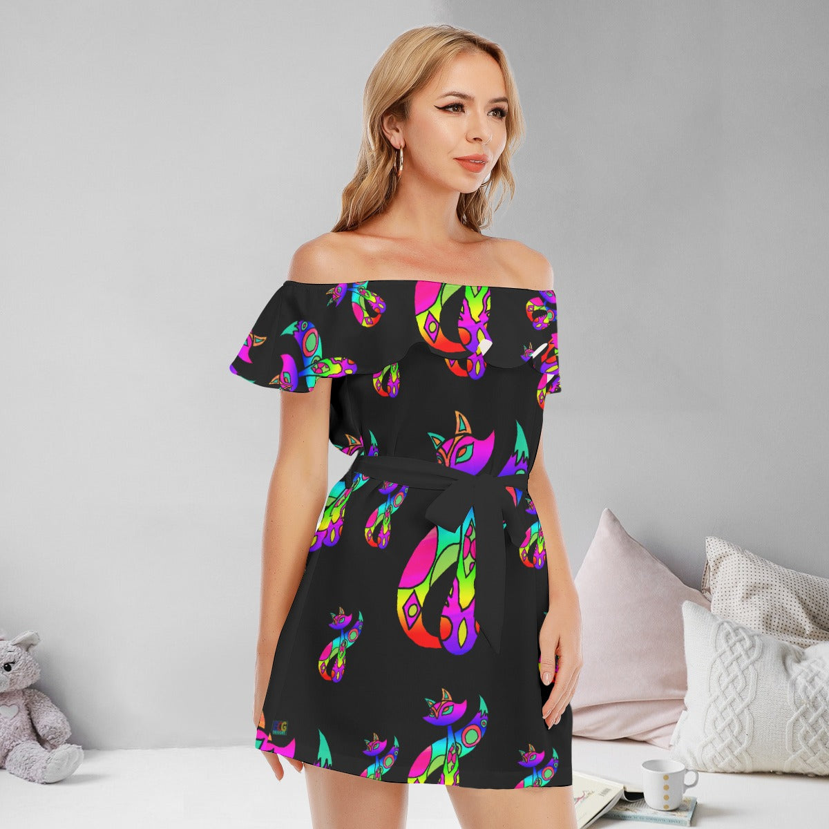 Rainbow Cat All-Over Print Women's Off-shoulder Dress With Ruffle