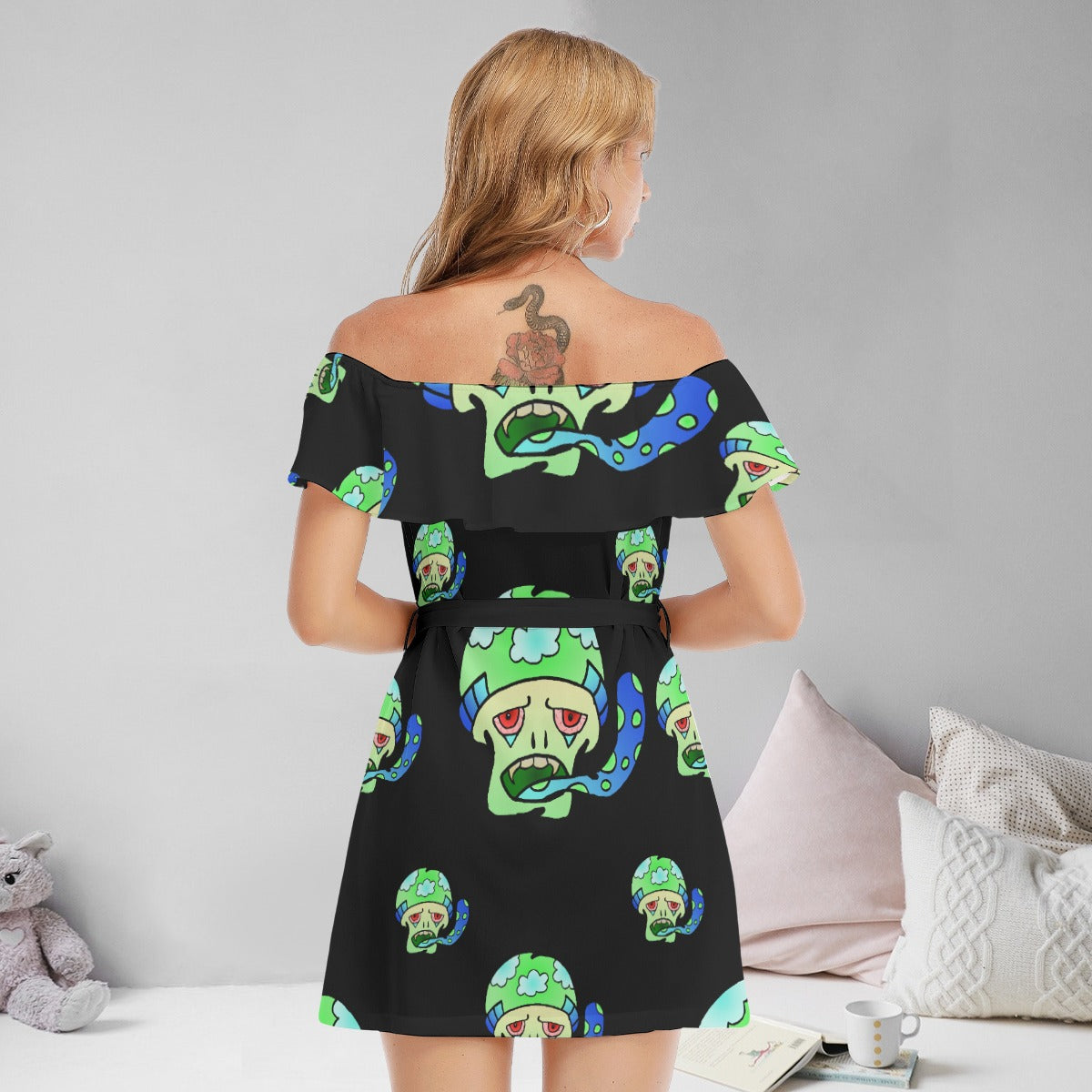 Green Shroom All-Over Print Women's Off-shoulder Dress With Ruffle