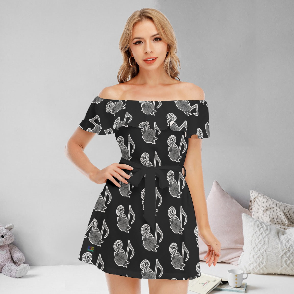 Musical Rose All-Over Print Women's Off-shoulder Dress With Ruffle