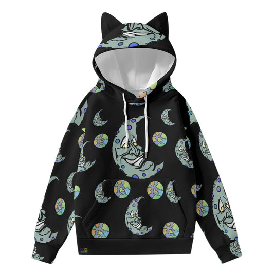 Green Moon All-Over Print Women’s Hoodie With Decorative Ears