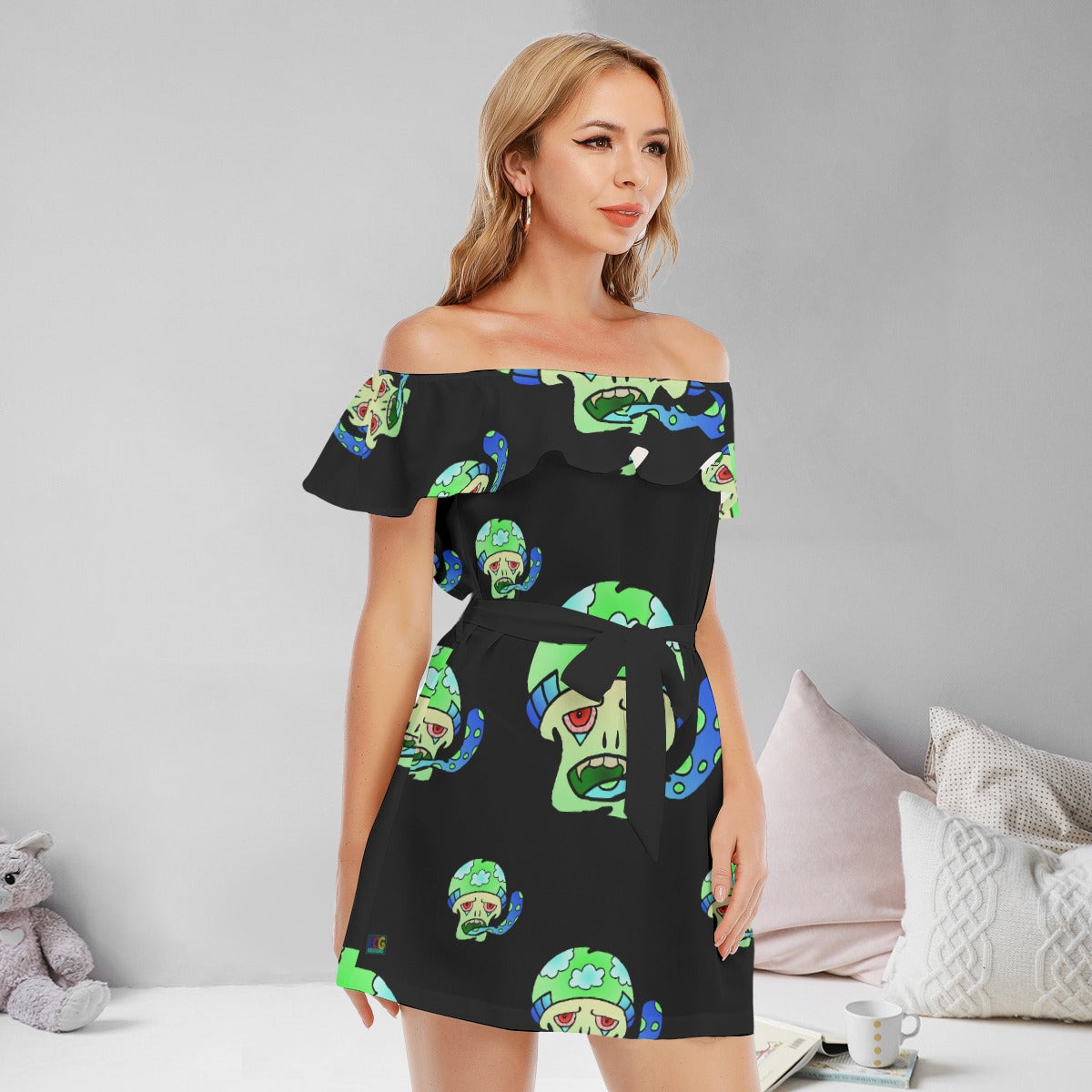 Green Shroom All-Over Print Women's Off-shoulder Dress With Ruffle