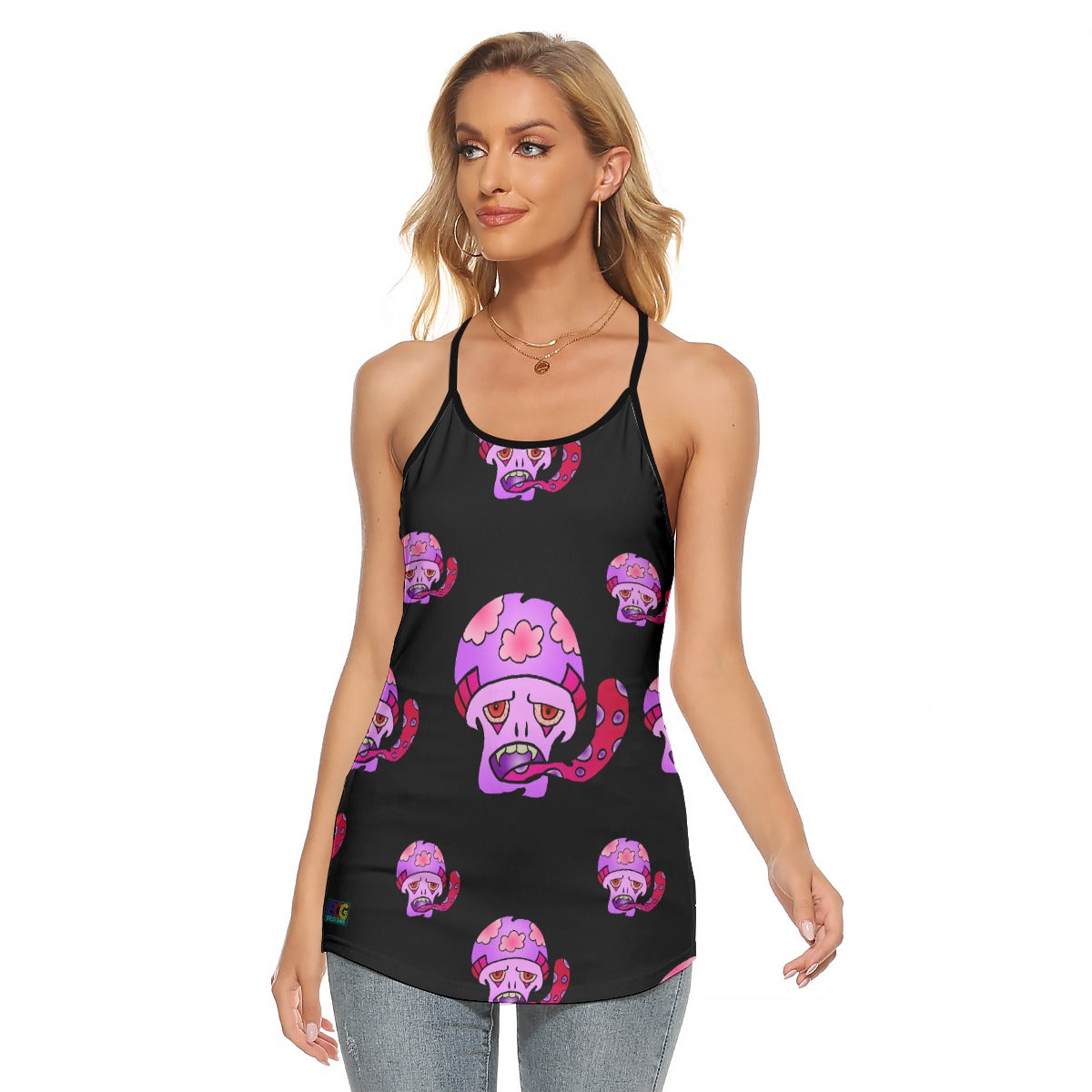 Pink Shroom All-Over Print Women's Criss-Cross Open Back Tank Top