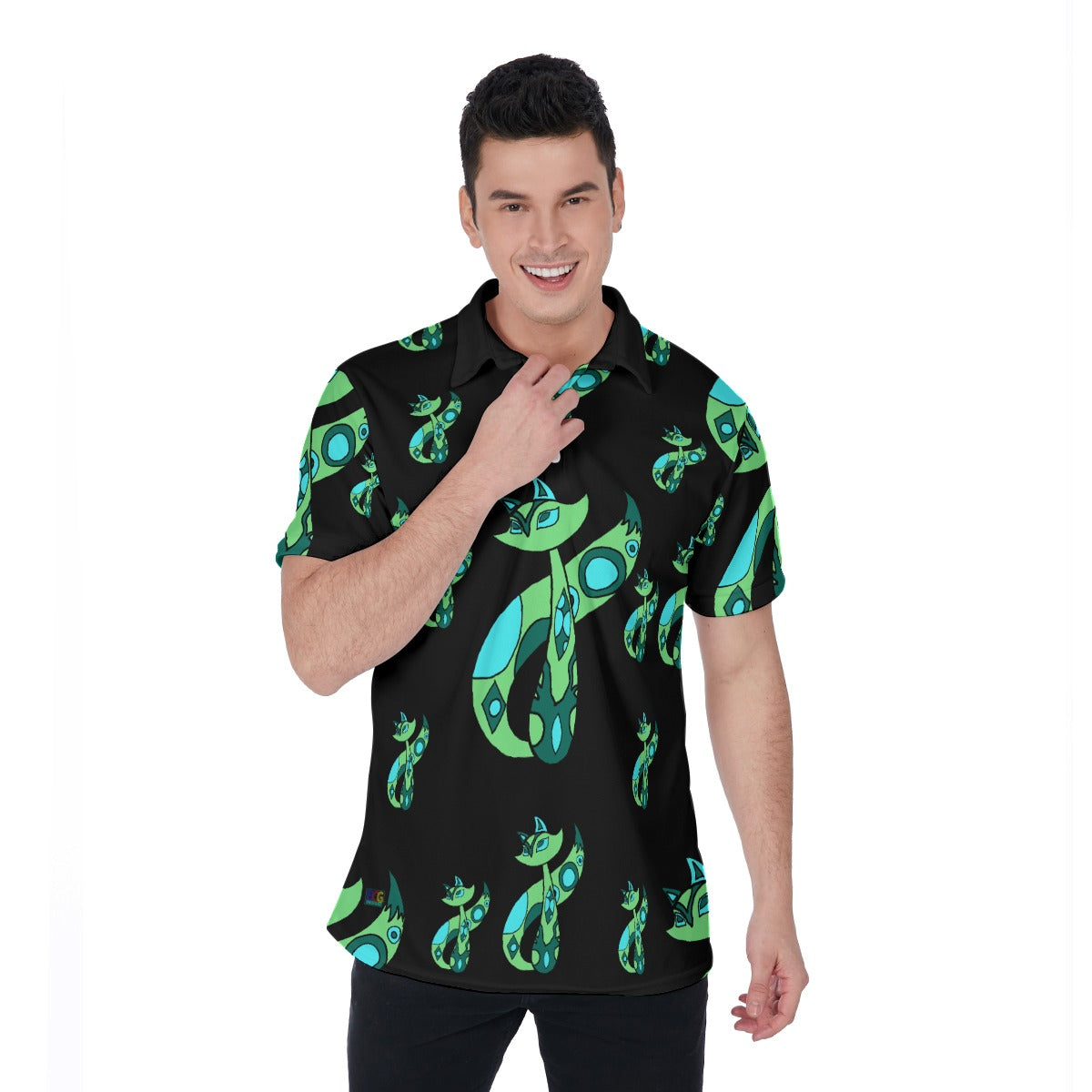 Green Cat All-Over Print Men's Polo Shirt