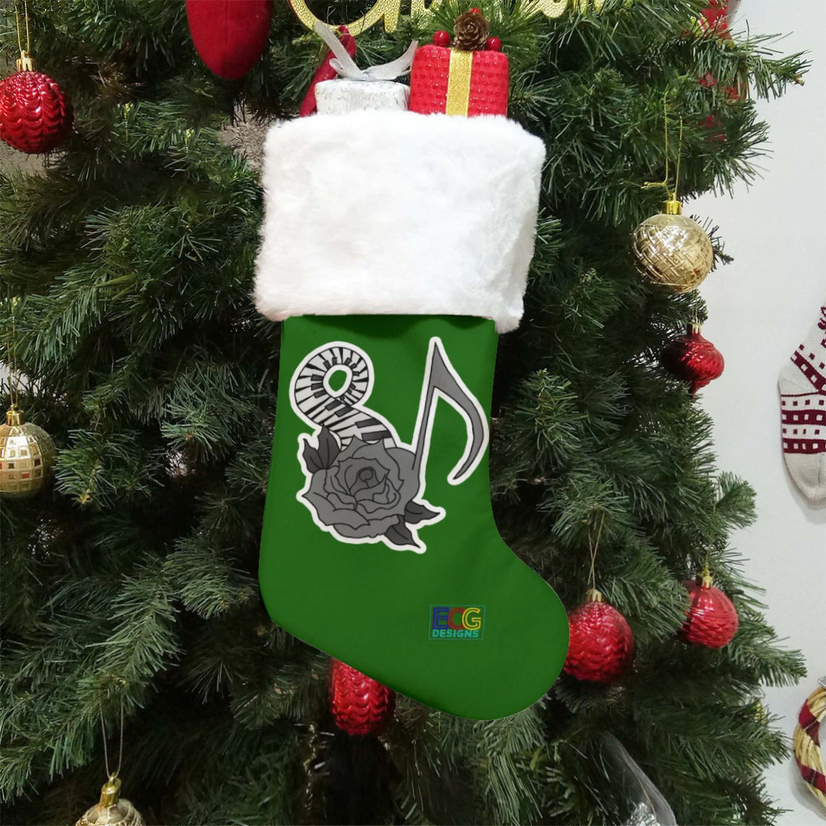 Musical Rose Christmas Stocking (Green)