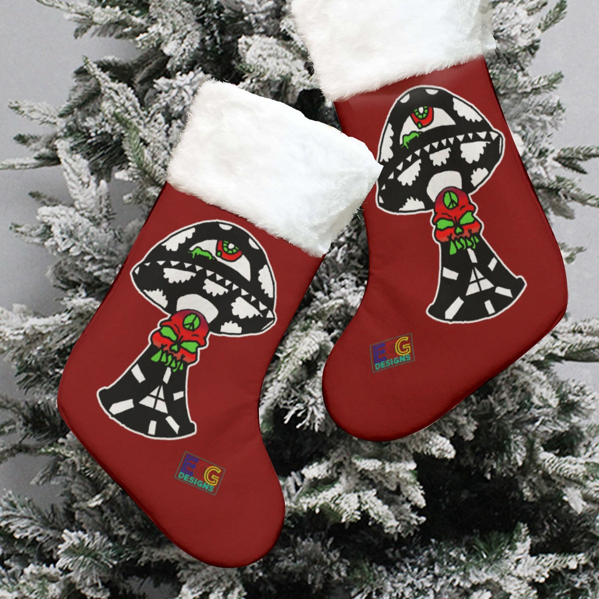 B&W Skull Shroom Christmas Stocking (Red)