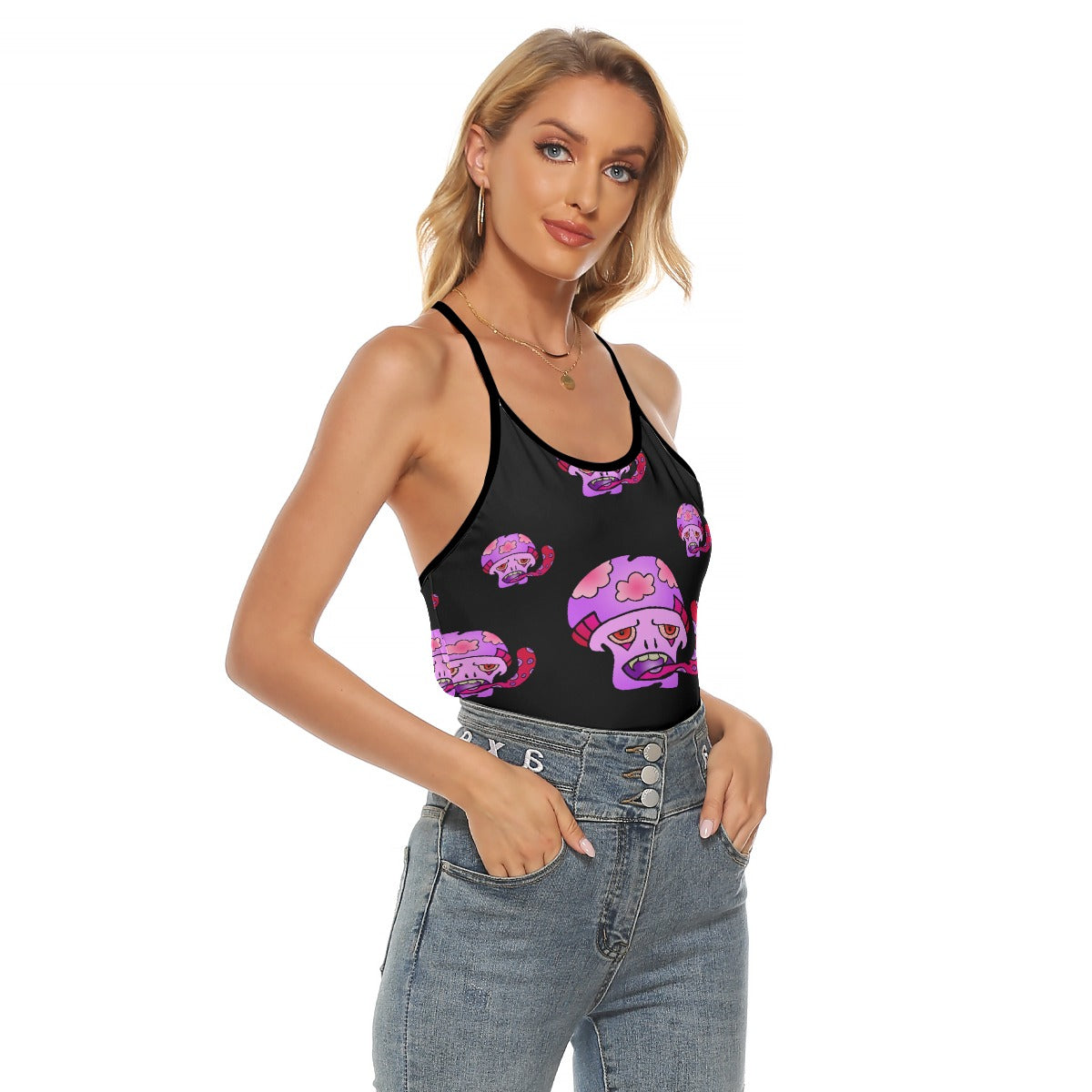 Pink Shroom All-Over Print Women's Criss-Cross Open Back Tank Top