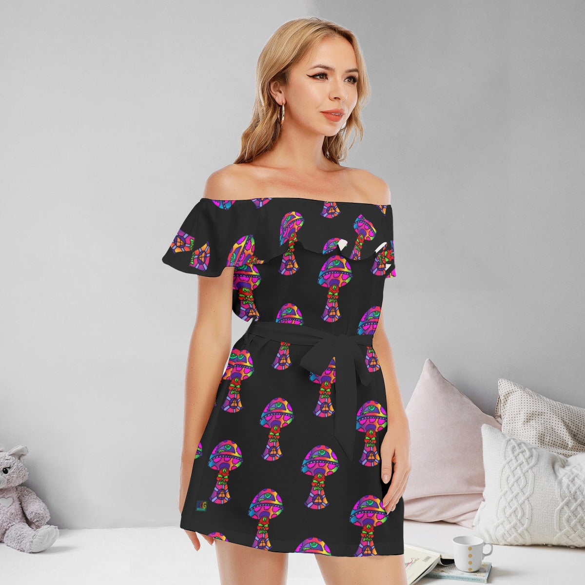 Rainbow Skull Shroom All-Over Print Women's Off-shoulder Dress With Ruffle