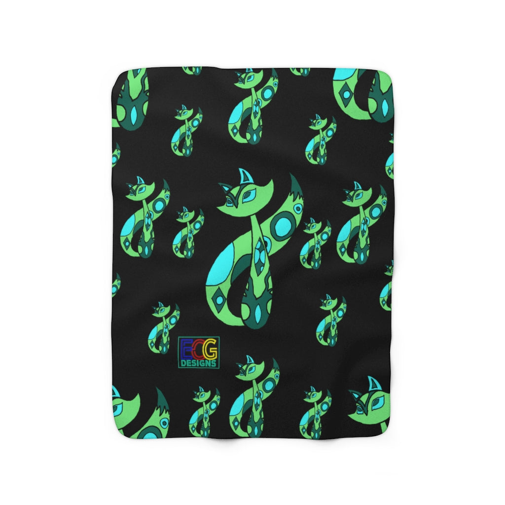 Green Cat Sherpa Fleece Blanket