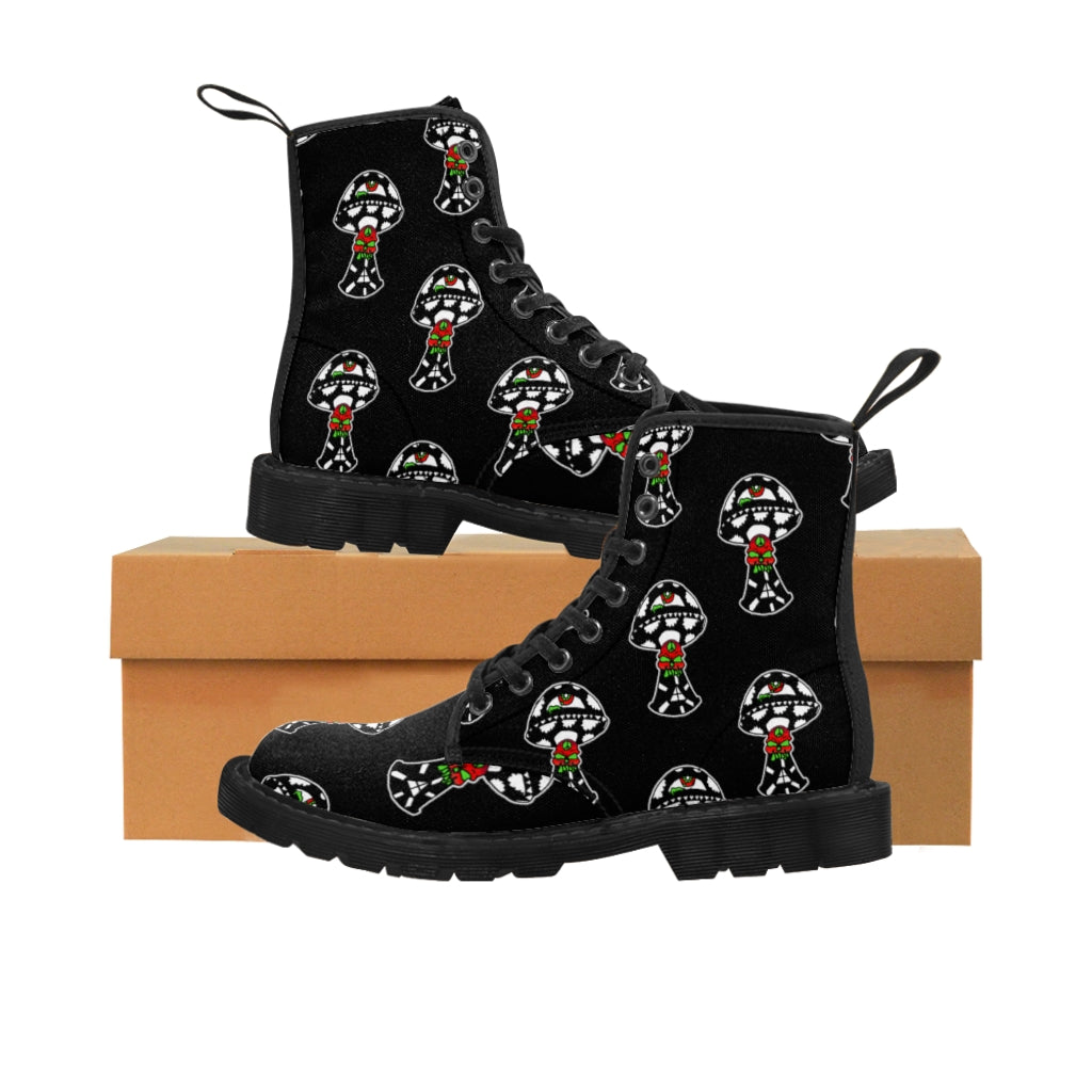 Black and White Skull Shroom Women's Canvas Boots