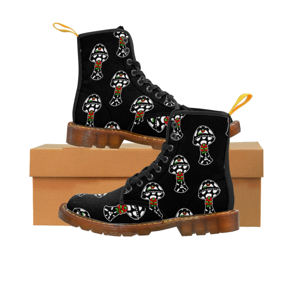 Black and White Skull Shroom Men's Canvas Boots