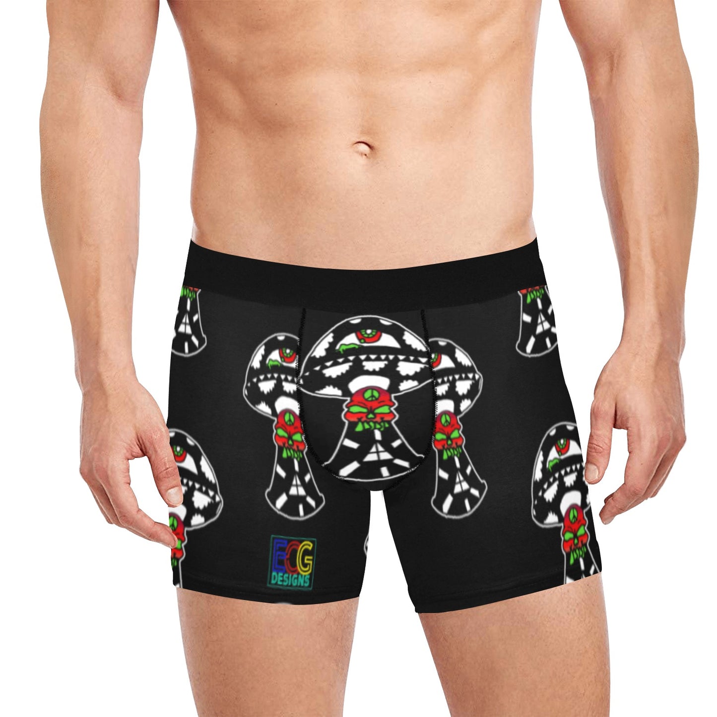 Black and White Skull Shroom Men's Boxer Briefs with Inner Pocket (Model L34)